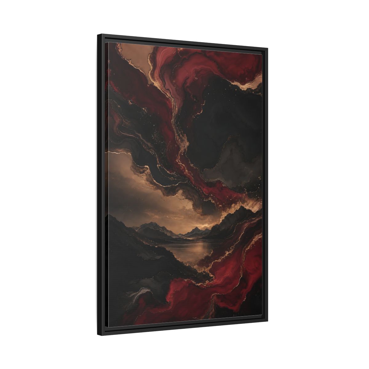 Side Mockup 13. Abstract Mountain Lake Red Black Gold shown as stretched canvas wall art