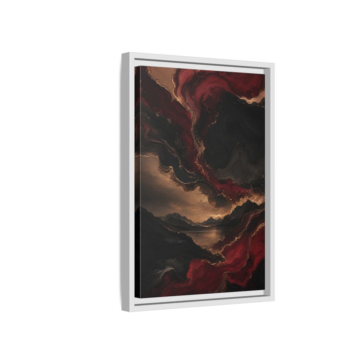 Side Mockup 4. Abstract Mountain Lake Red Black Gold shown as stretched canvas wall art