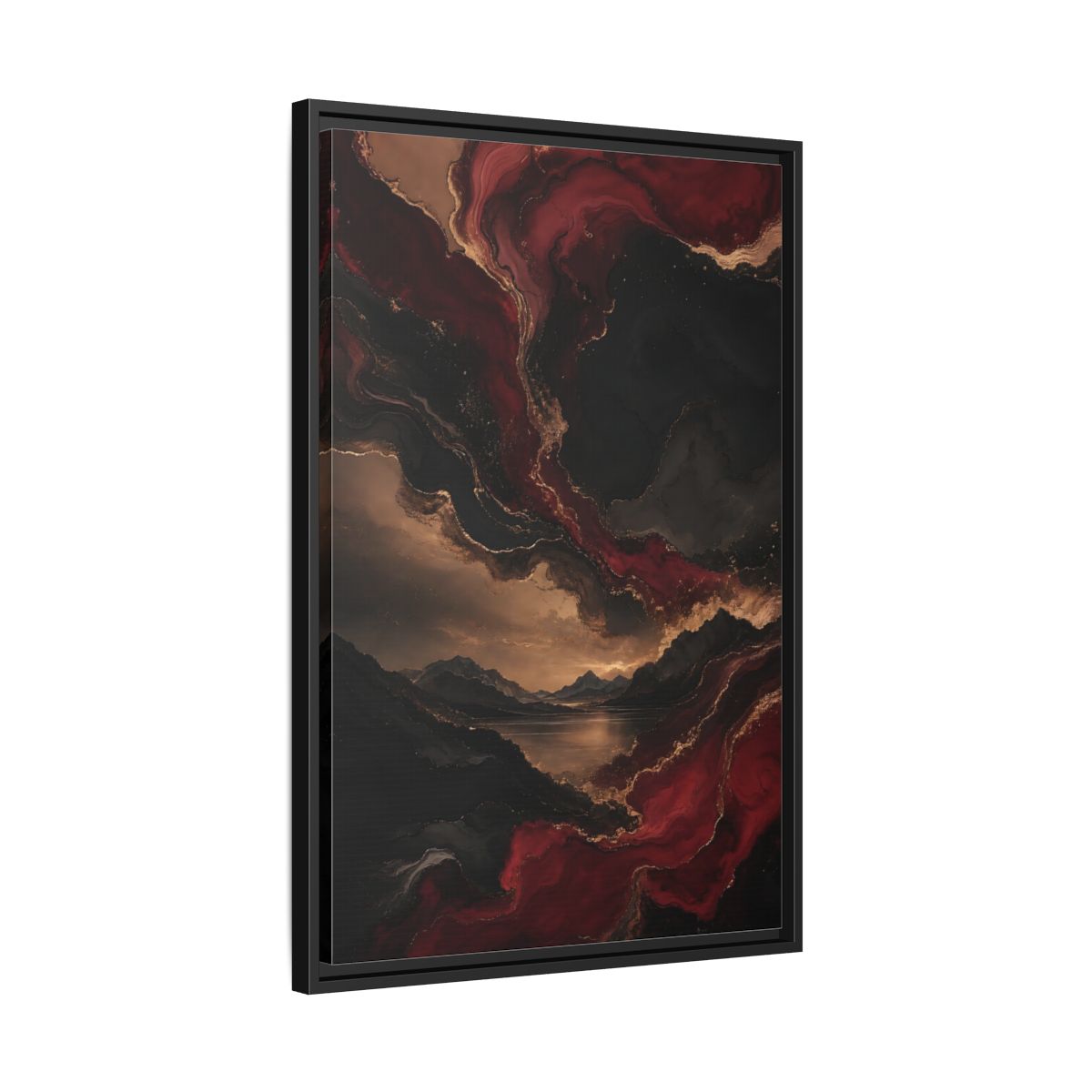 Side Mockup 14. Abstract Mountain Lake Red Black Gold shown as stretched canvas wall art
