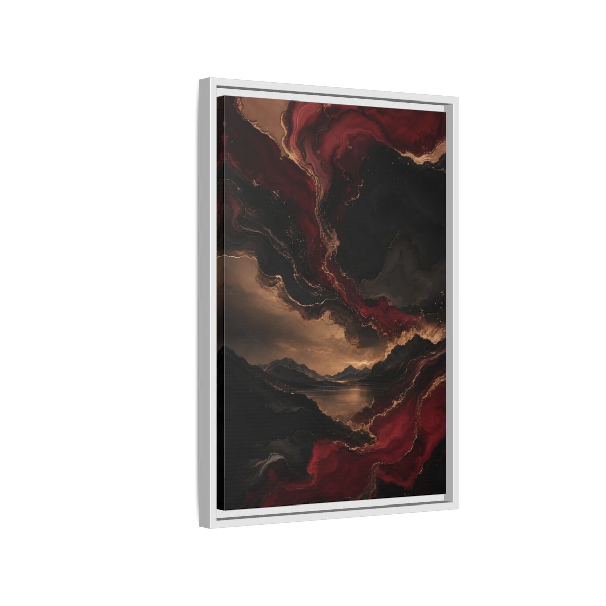 Side Mockup 1. Abstract Mountain Lake Red Black Gold shown as stretched canvas wall art