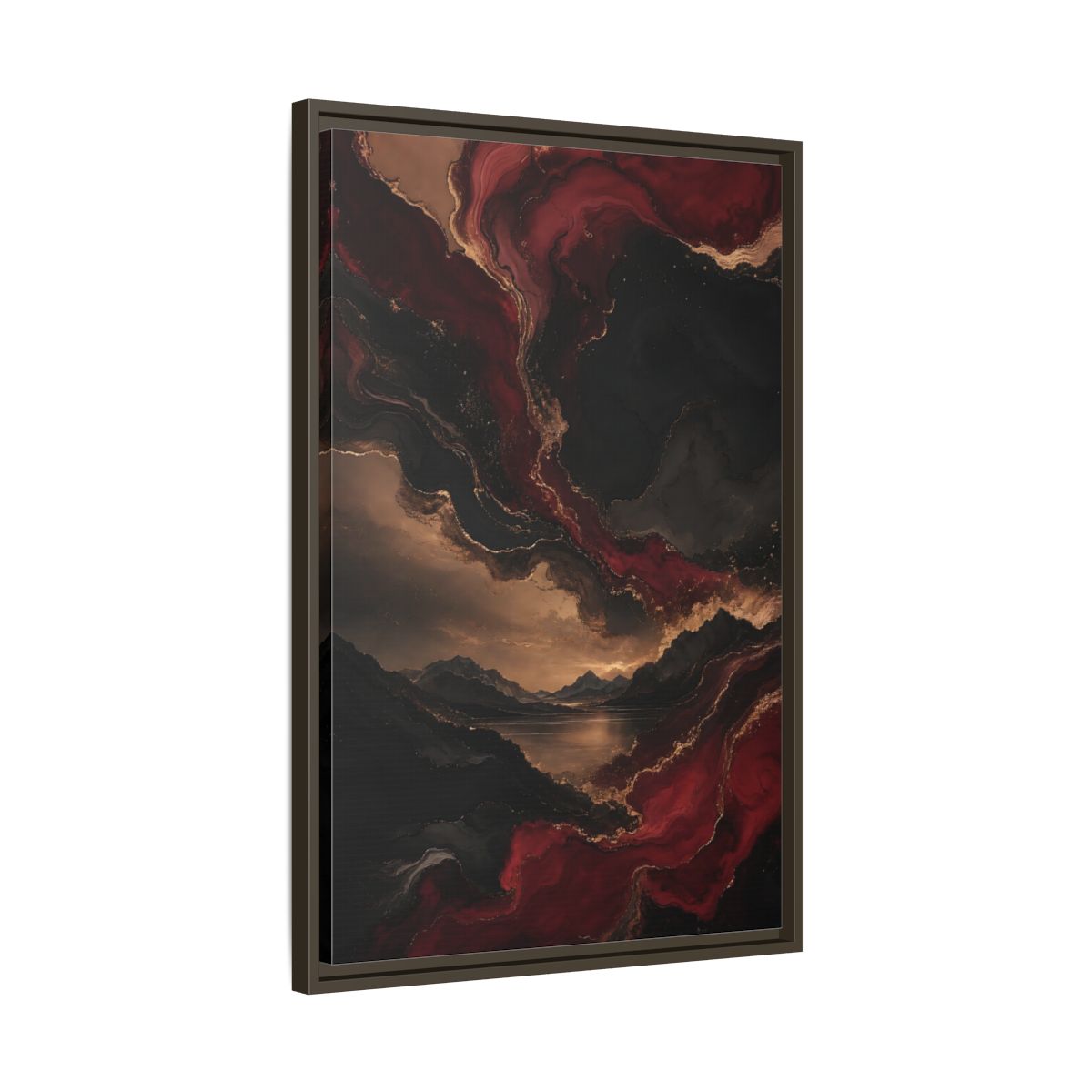 Side Mockup 11. Abstract Mountain Lake Red Black Gold shown as stretched canvas wall art