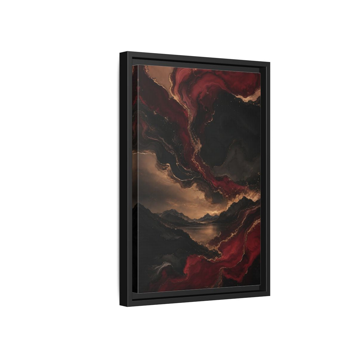 Side Mockup 6. Abstract Mountain Lake Red Black Gold shown as stretched canvas wall art