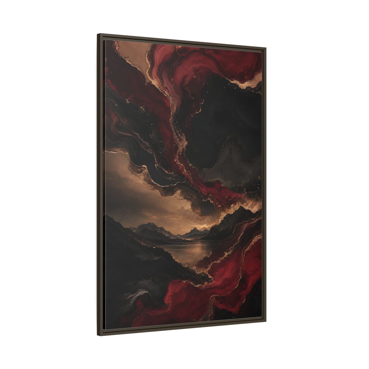 Side Mockup 8. Abstract Mountain Lake Red Black Gold shown as stretched canvas wall art