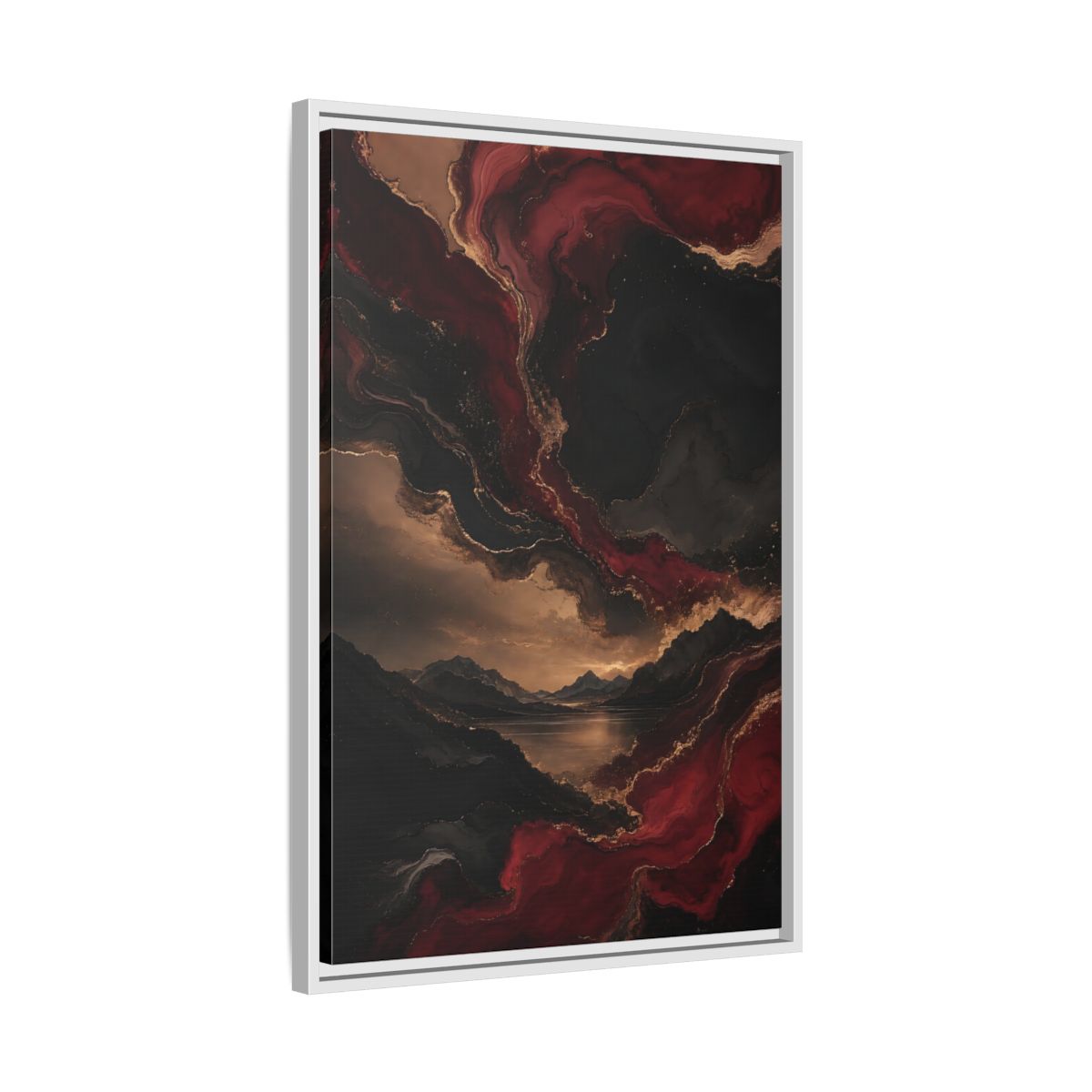 Side Mockup 10. Abstract Mountain Lake Red Black Gold shown as stretched canvas wall art