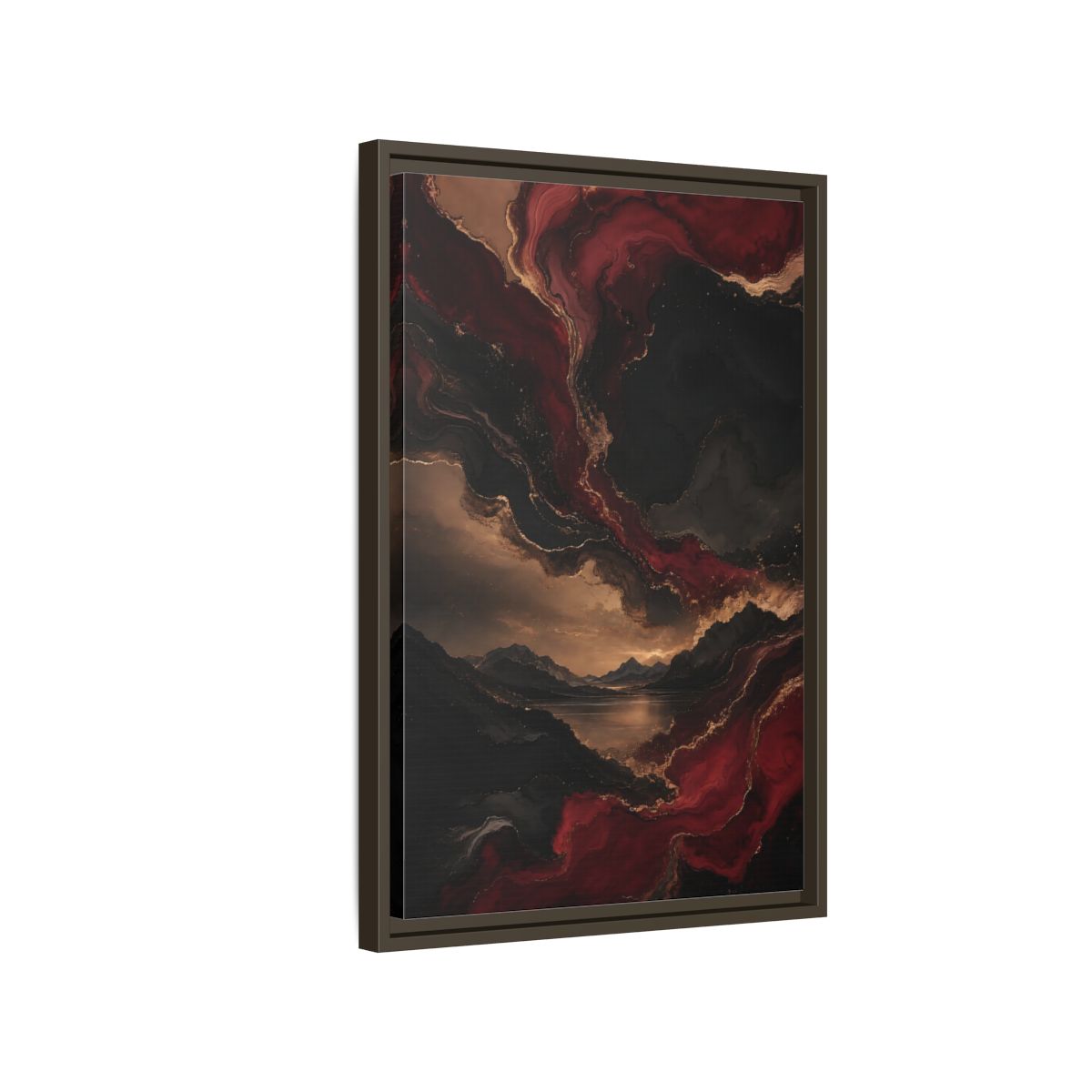 Side Mockup 2. Abstract Mountain Lake Red Black Gold shown as stretched canvas wall art