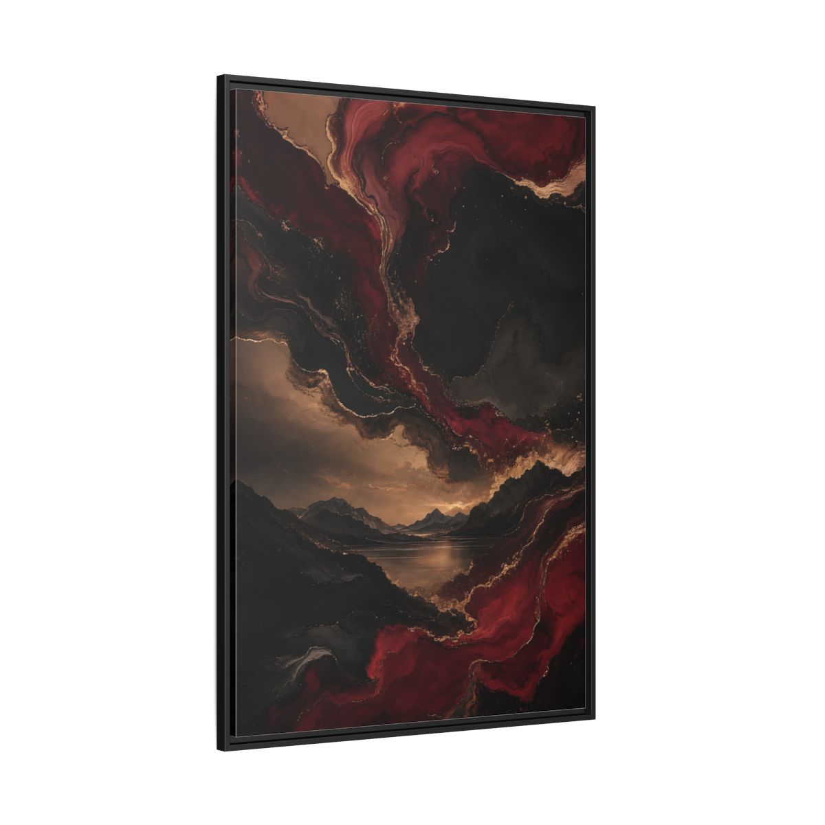 Side Mockup 12. Abstract Mountain Lake Red Black Gold shown as stretched canvas wall art