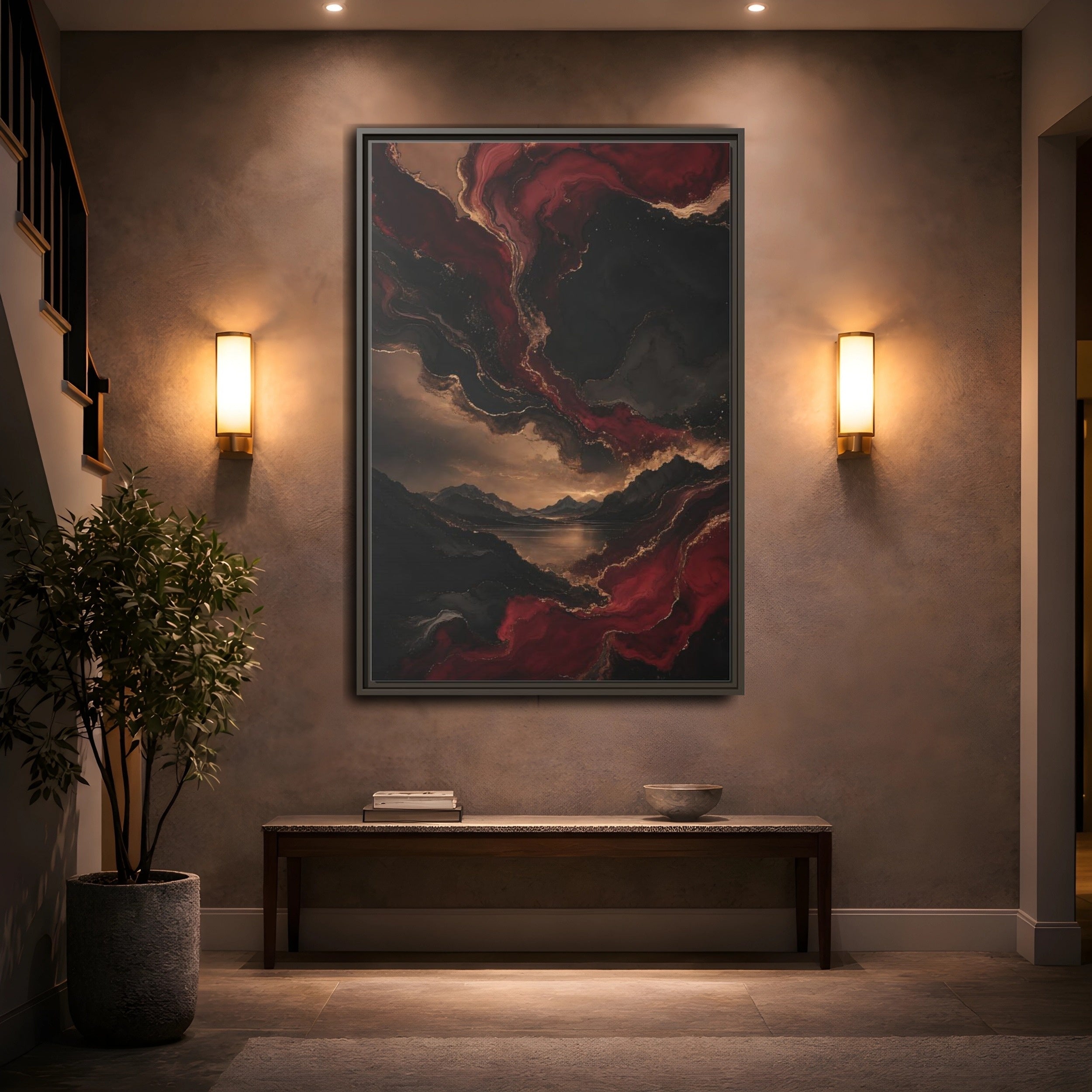 Mockup 2. Abstract Mountain Lake Red Black Gold shown as stretched canvas wall art