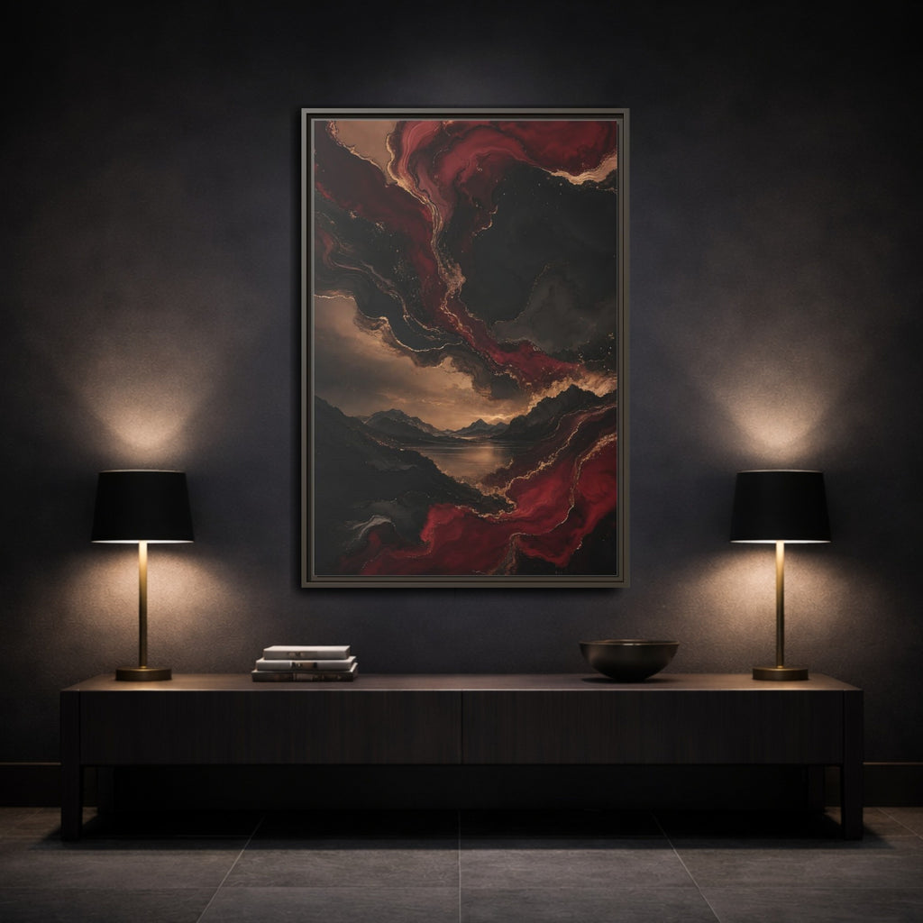 Mockup 3. Abstract Mountain Lake Red Black Gold shown as stretched canvas wall art