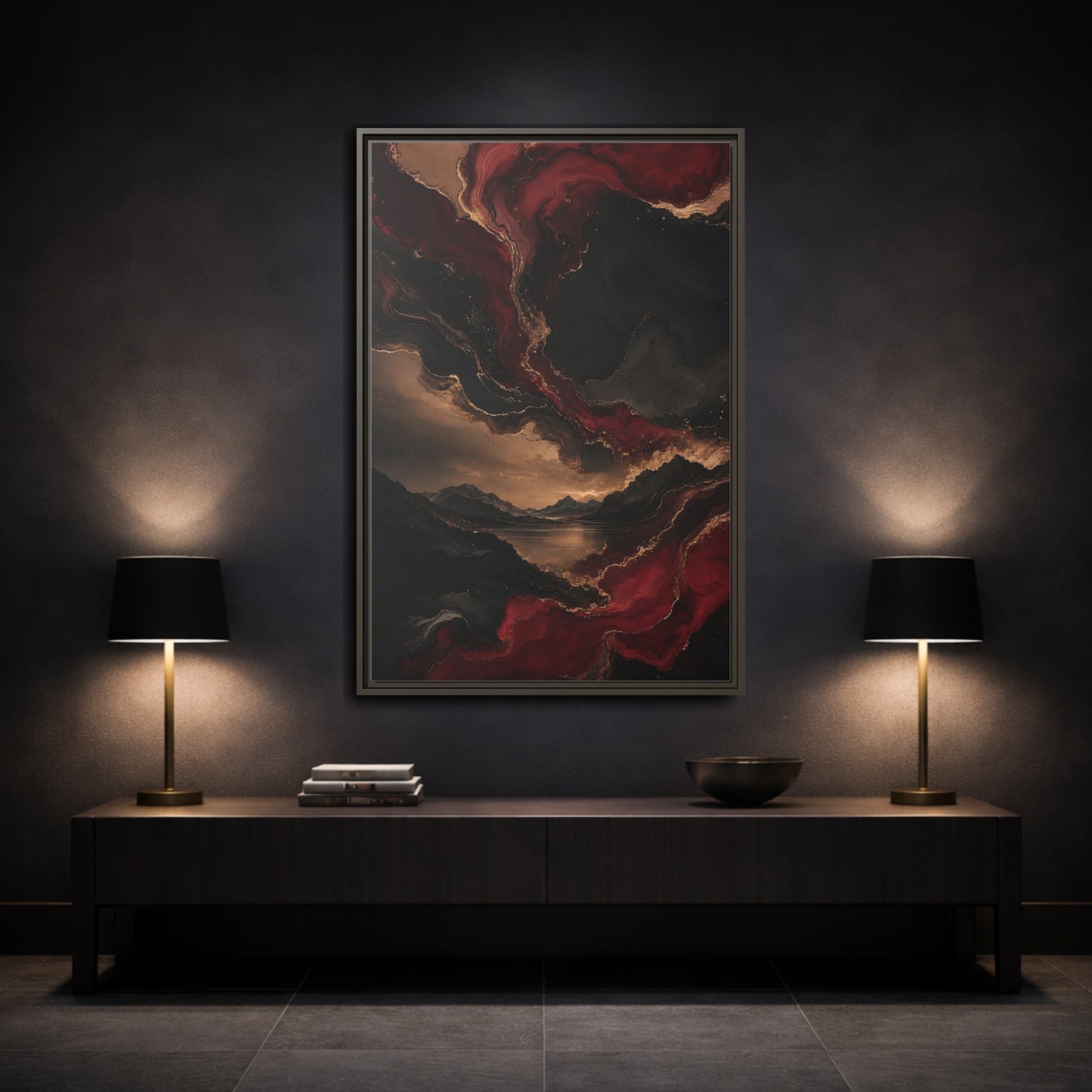 Mockup 3. Abstract Mountain Lake Red Black Gold shown as stretched canvas wall art