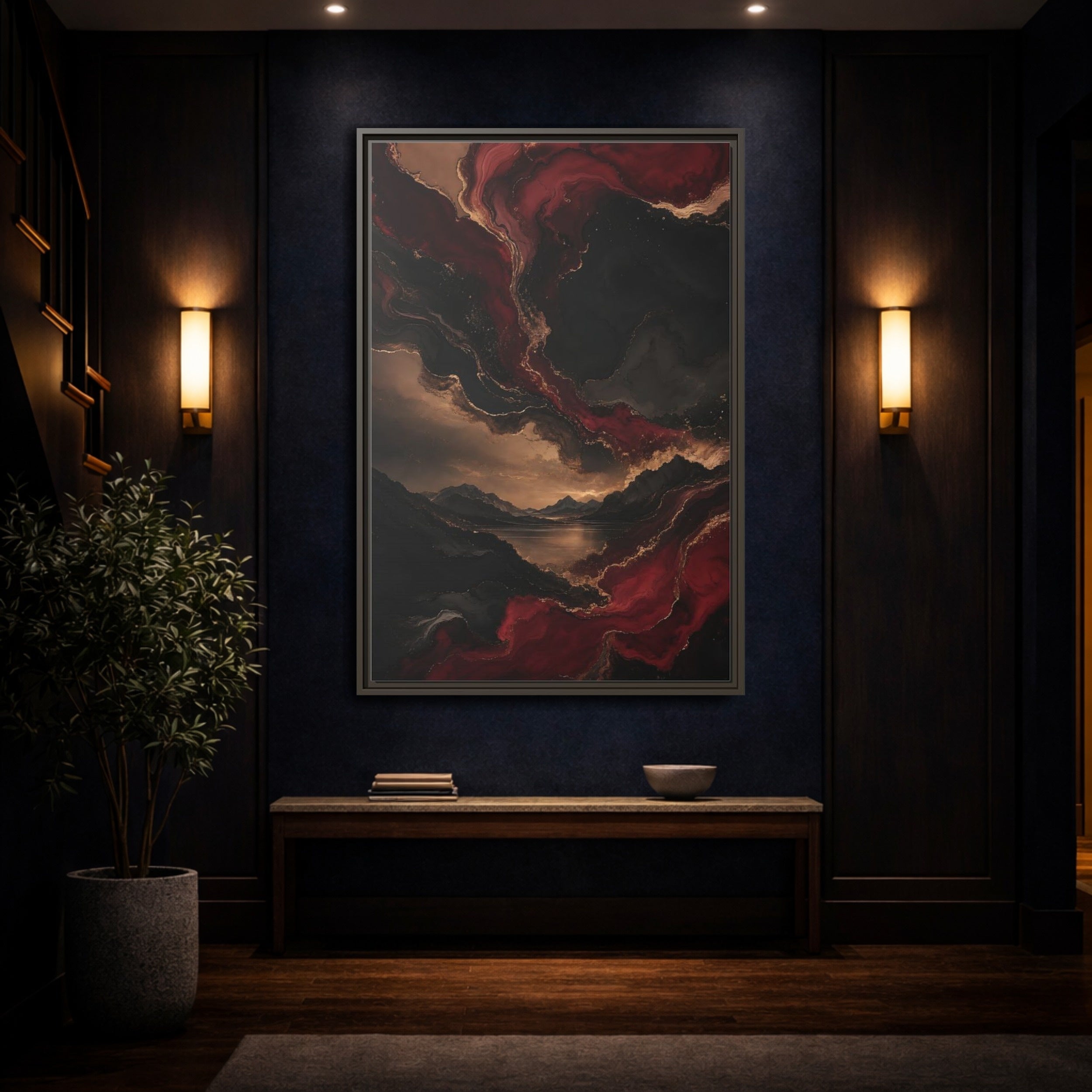 Mockup 4. Abstract Mountain Lake Red Black Gold shown as stretched canvas wall art