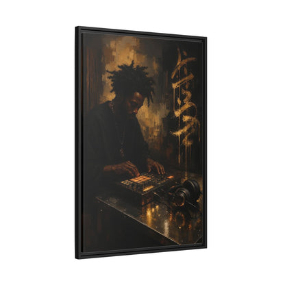 Side Mockup 13. Abstract Music Producer Black And Gold shown as framed canvas print
