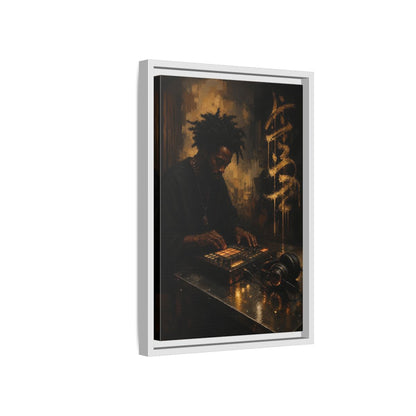 Side Mockup 4. Abstract Music Producer Black And Gold shown as framed canvas print