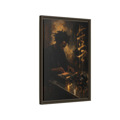 Side Mockup 2. Abstract Music Producer Black And Gold shown as framed canvas print