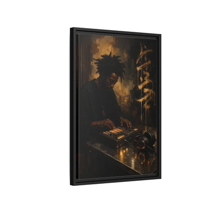 Side Mockup 3. Abstract Music Producer Black And Gold shown as framed canvas print