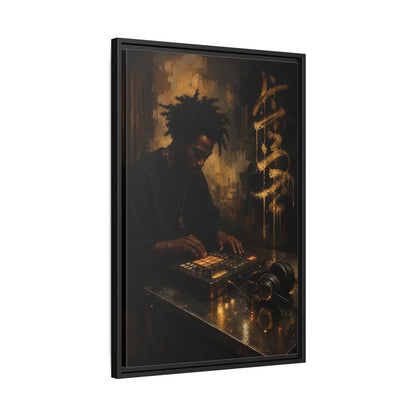 Side Mockup 14. Abstract Music Producer Black And Gold shown as framed canvas print