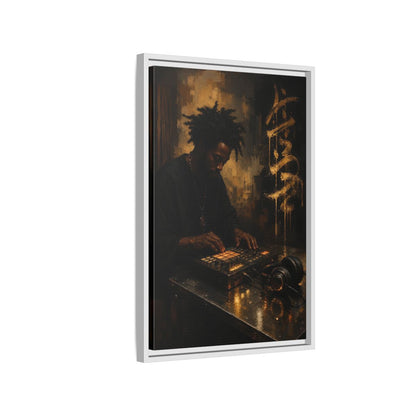 Side Mockup 1. Abstract Music Producer Black And Gold shown as framed canvas print