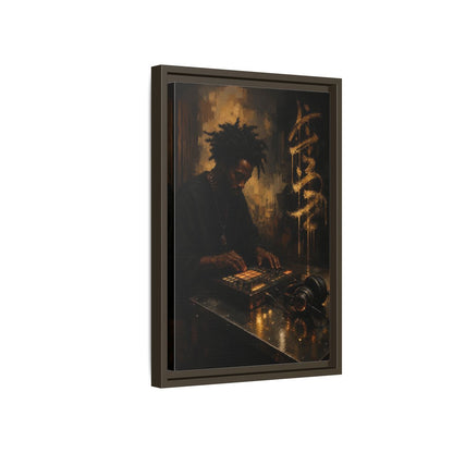 Side Mockup 5. Abstract Music Producer Black And Gold shown as framed canvas print