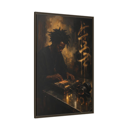 Side Mockup 8. Abstract Music Producer Black And Gold shown as framed canvas print