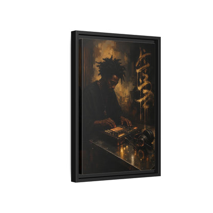 Side Mockup 6. Abstract Music Producer Black And Gold shown as framed canvas print
