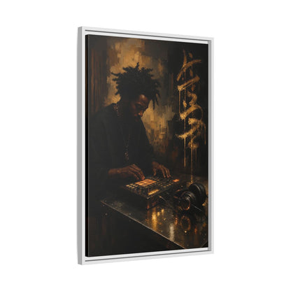 Side Mockup 10. Abstract Music Producer Black And Gold shown as framed canvas print