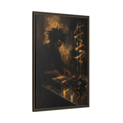 Main Mockup. Abstract Music Producer Black And Gold shown as framed canvas print