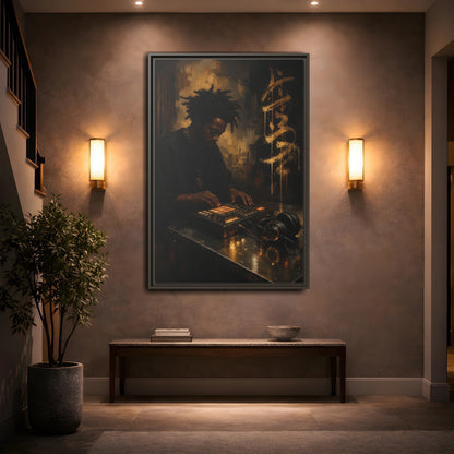 Mockup 2. Abstract Music Producer Black And Gold shown as framed canvas print