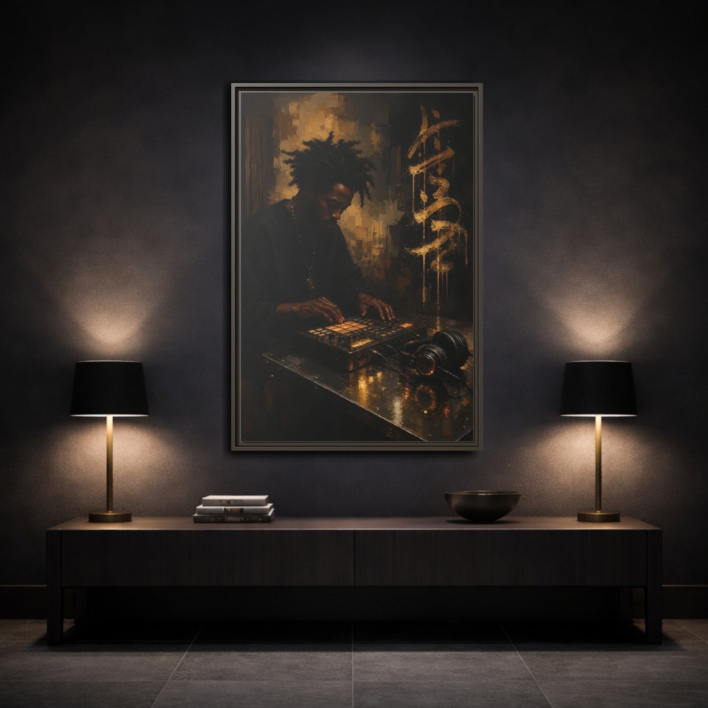 Mockup 3. Abstract Music Producer Black And Gold shown as framed canvas print
