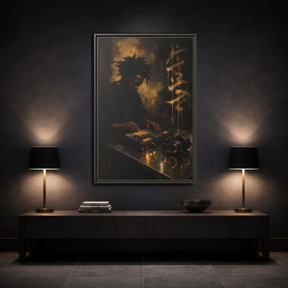 Mockup 3. Abstract Music Producer Black And Gold shown as framed canvas print