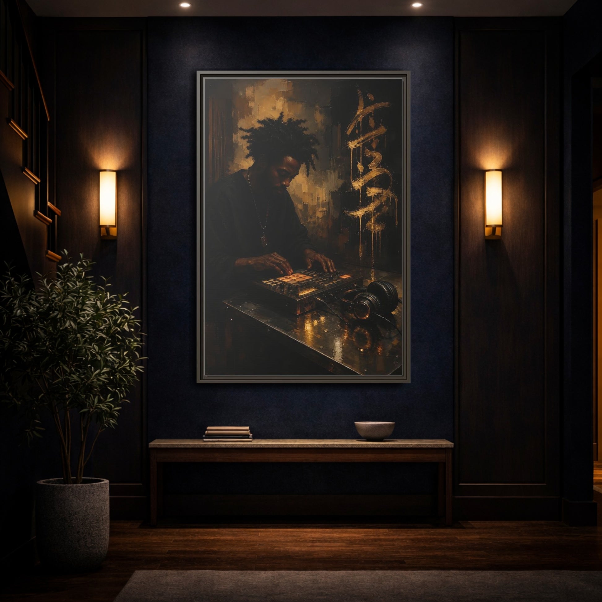 Mockup 4. Abstract Music Producer Black And Gold shown as framed canvas print
