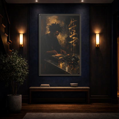 Mockup 4. Abstract Music Producer Black And Gold shown as framed canvas print