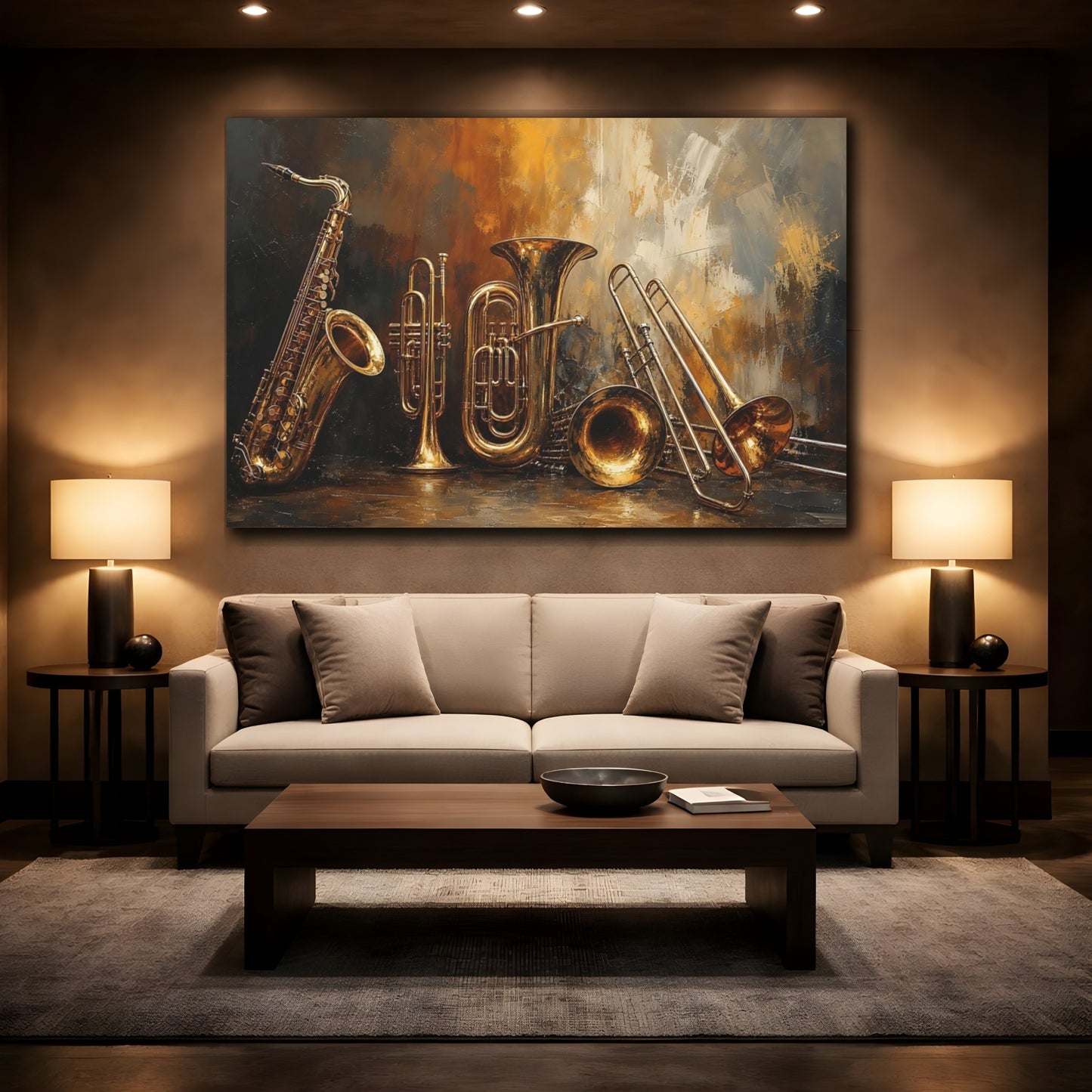 Mockup 2. Abstract Musical Instruments Gold And Black shown as canvas print