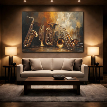 Mockup 2. Abstract Musical Instruments Gold And Black shown as canvas print