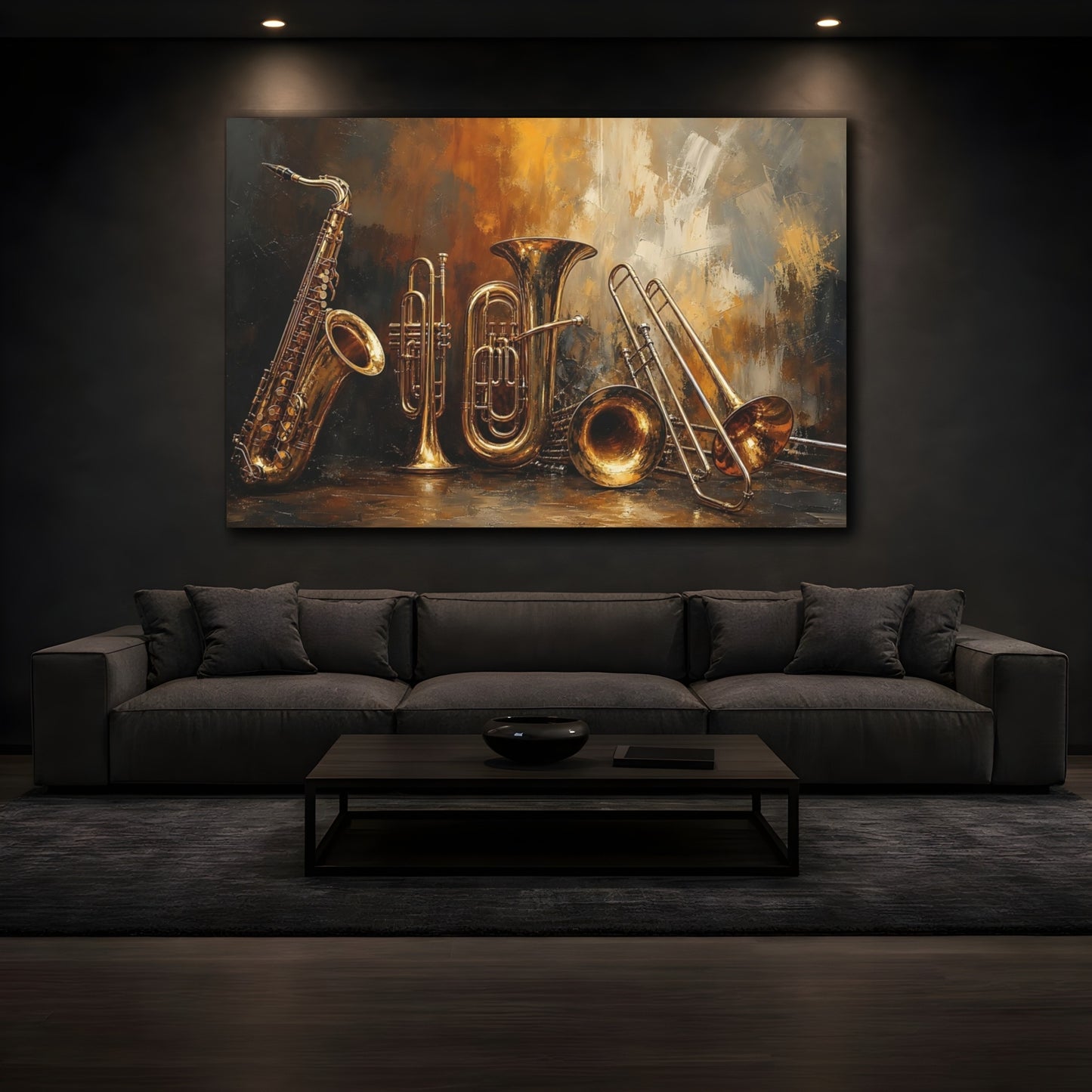 Mockup 3. Abstract Musical Instruments Gold And Black shown as canvas print
