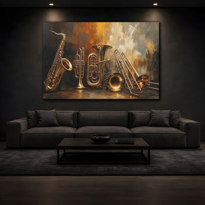 Mockup 3. Abstract Musical Instruments Gold And Black shown as canvas print