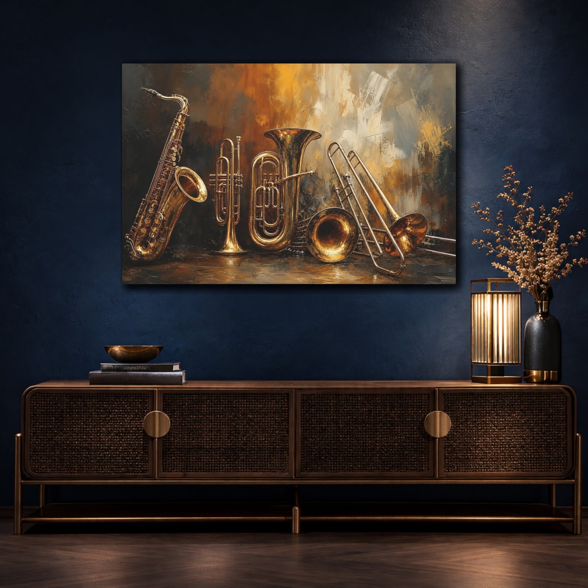 Mockup 4. Abstract Musical Instruments Gold And Black shown as canvas print
