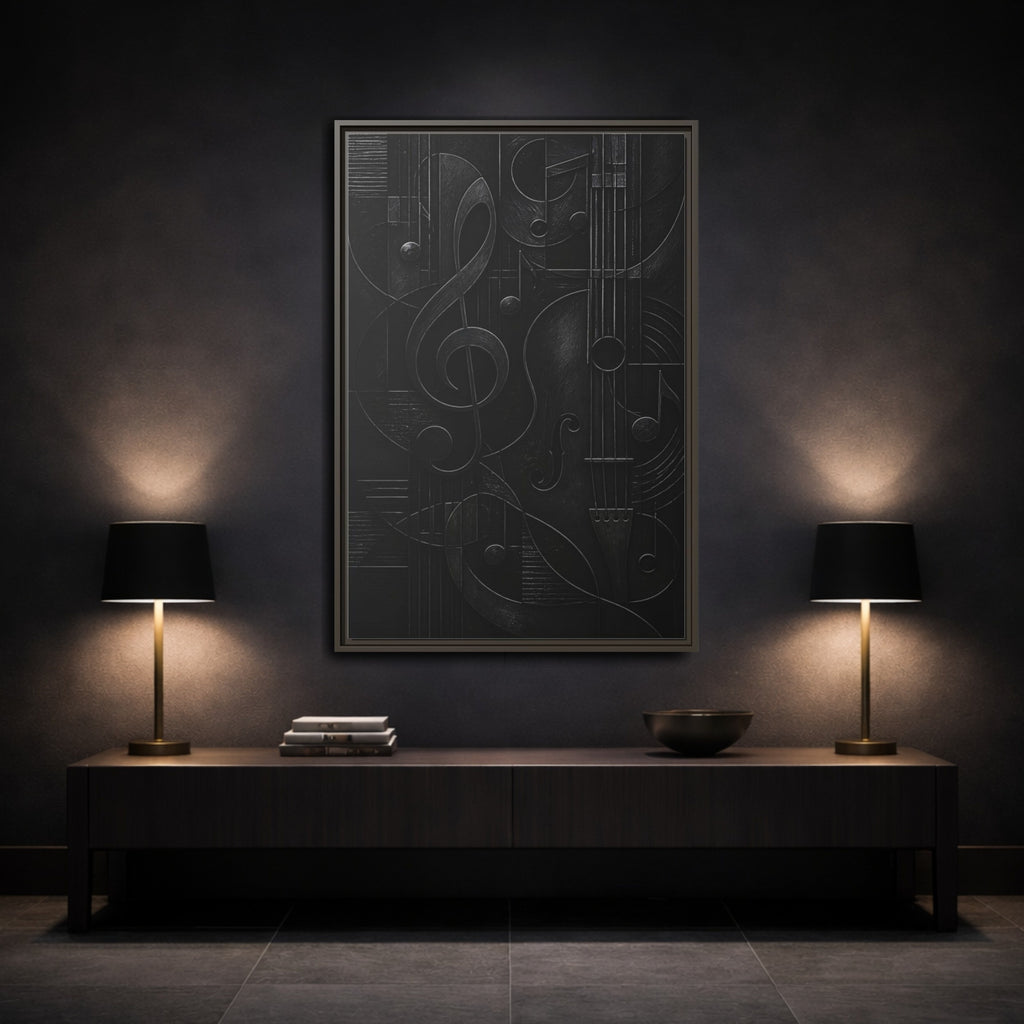 Mockup 3. Abstract Musical Symbols Black Musical Art shown as stretched canvas wall art