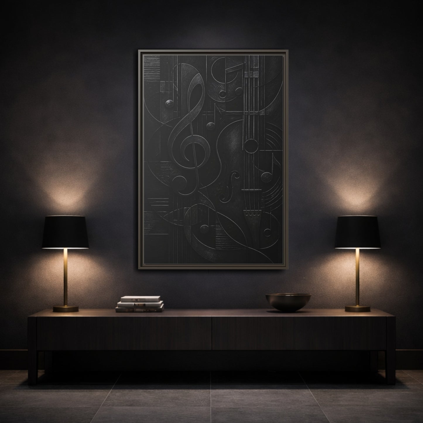 Mockup 3. Abstract Musical Symbols Black Musical Art shown as stretched canvas wall art
