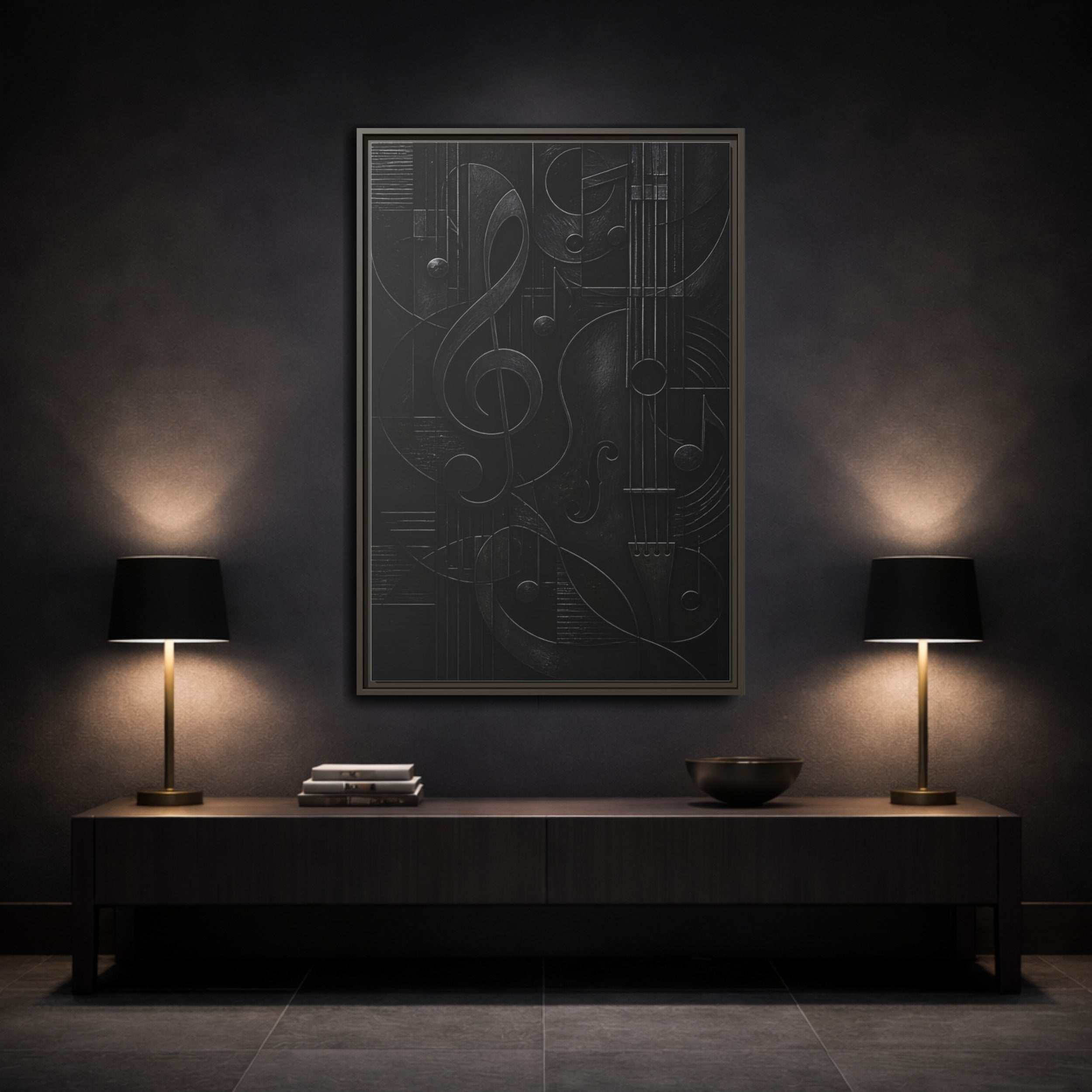 Mockup 3. Abstract Musical Symbols Black Musical Art shown as stretched canvas wall art