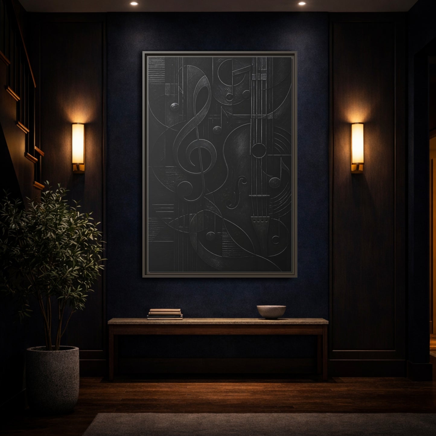 Mockup 4. Abstract Musical Symbols Black Musical Art shown as stretched canvas wall art