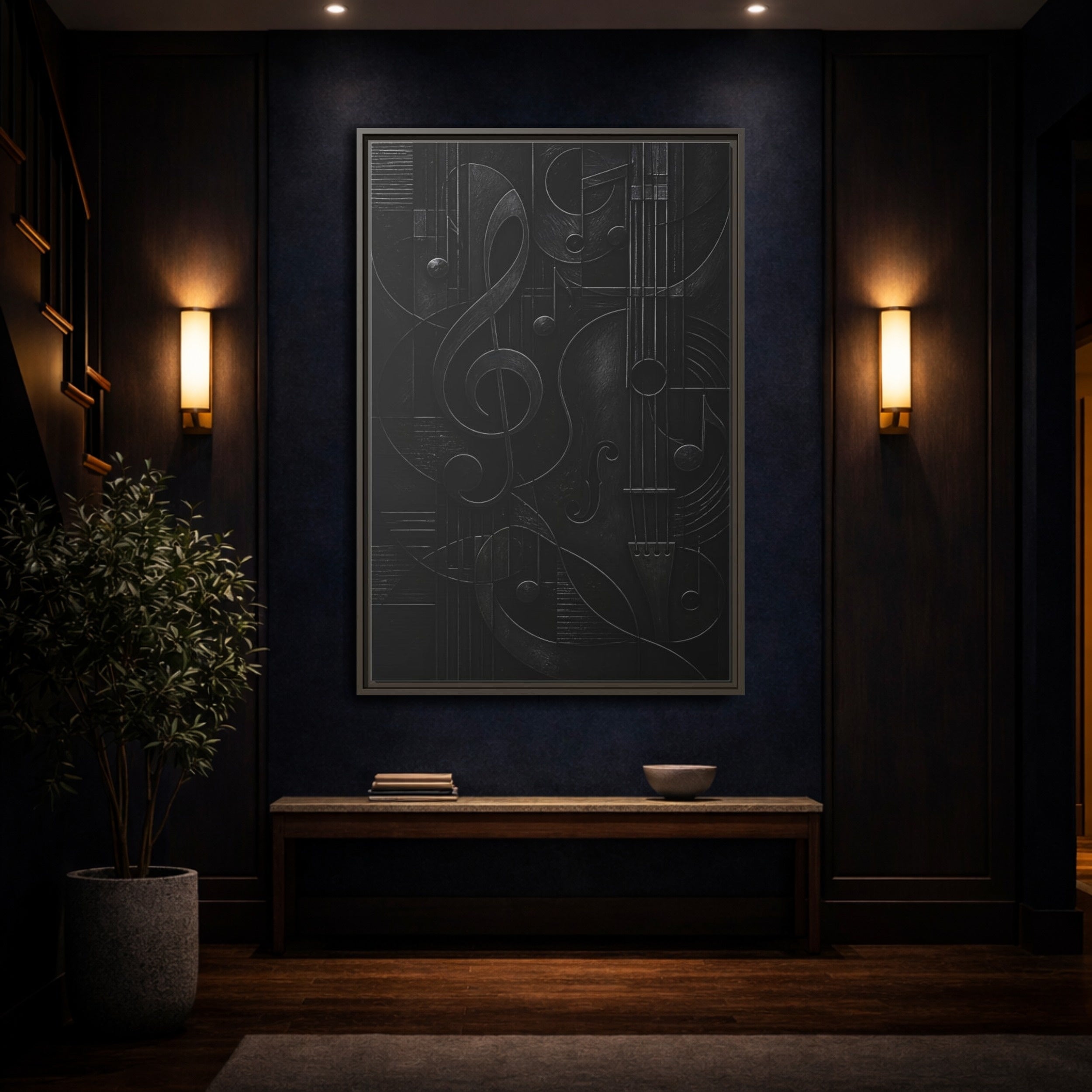 Mockup 4. Abstract Musical Symbols Black Musical Art shown as stretched canvas wall art