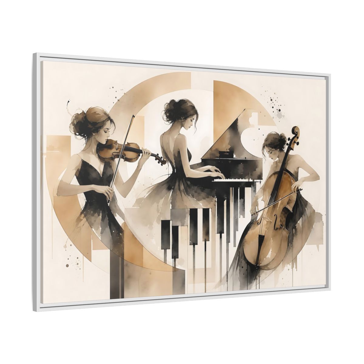 Side Mockup 7. Abstract Musicians Black And Gold shown as framed canvas print