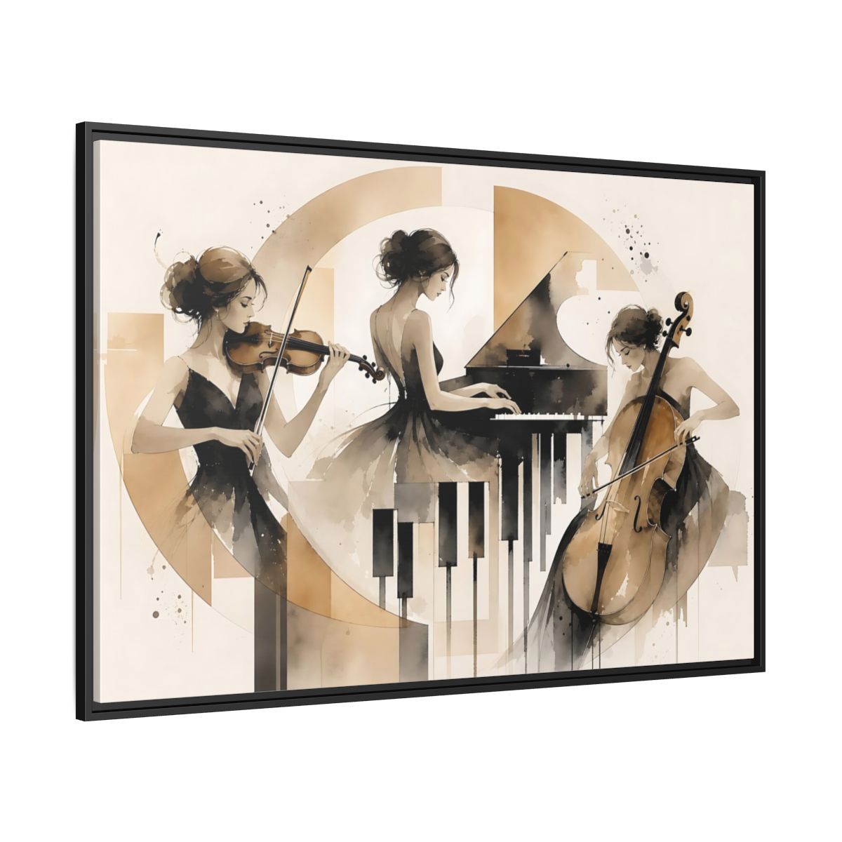 Side Mockup 12. Abstract Musicians Black And Gold shown as framed canvas print