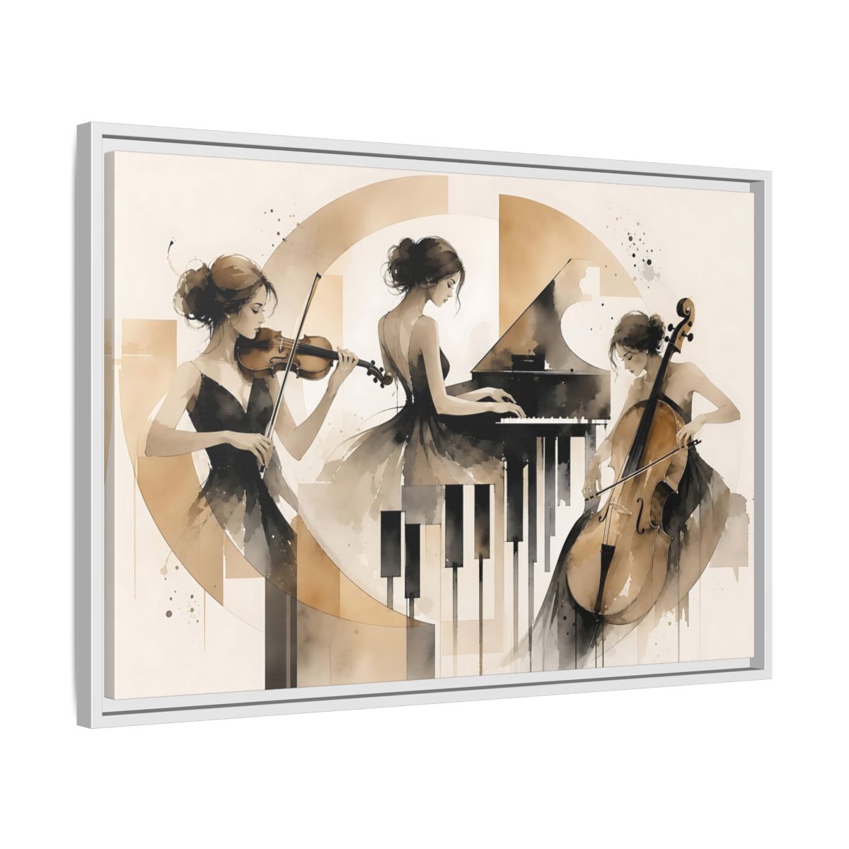Side Mockup 10. Abstract Musicians Black And Gold shown as framed canvas print