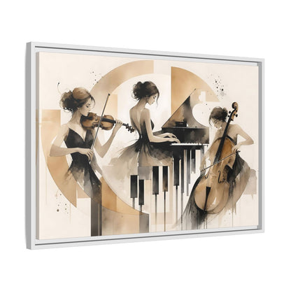 Side Mockup 10. Abstract Musicians Black And Gold shown as framed canvas print
