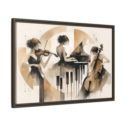 Side Mockup 11. Abstract Musicians Black And Gold shown as framed canvas print