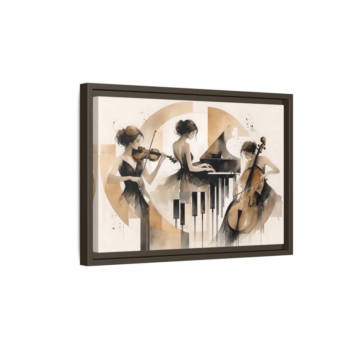 Side Mockup 5. Abstract Musicians Black And Gold shown as framed canvas print