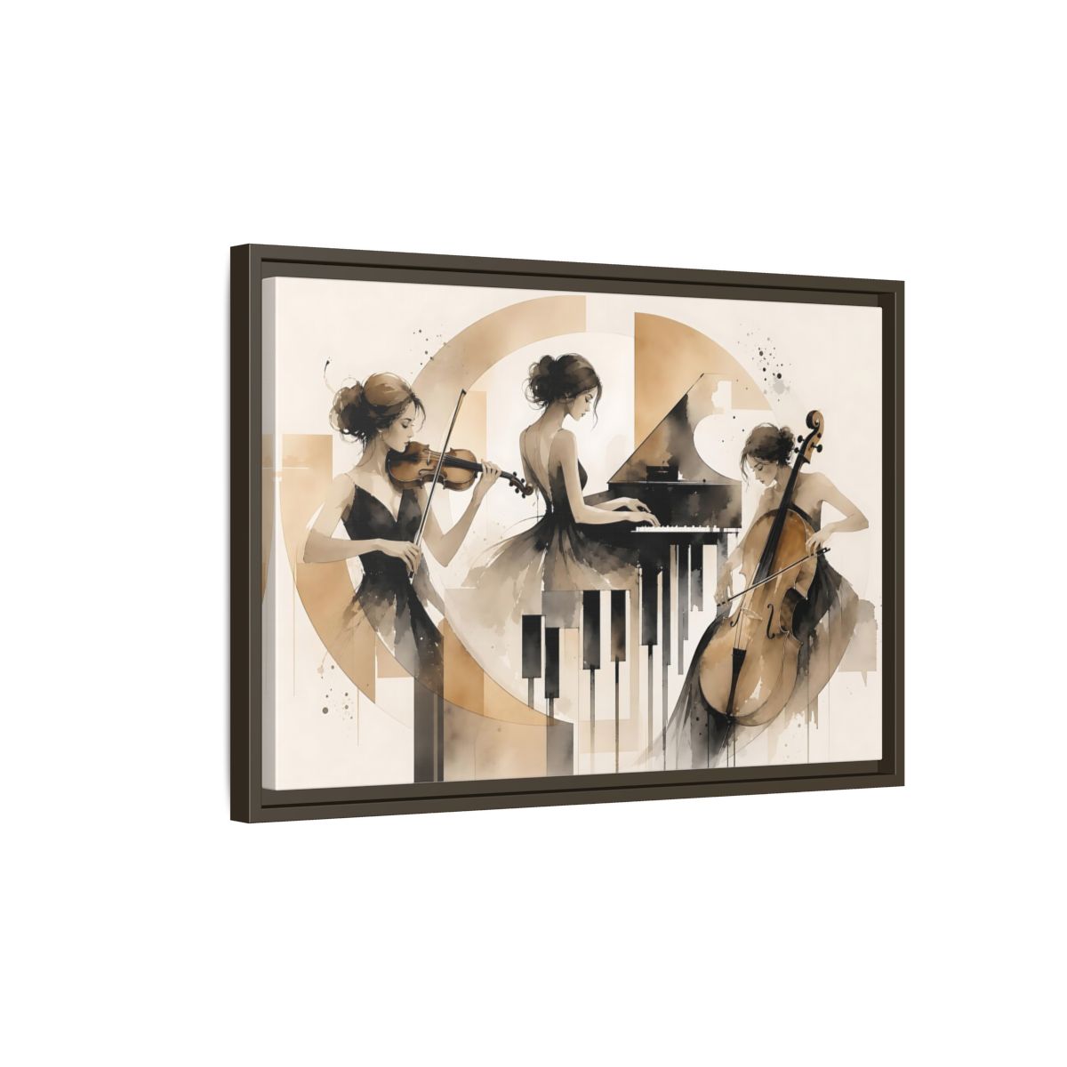 Side Mockup 2. Abstract Musicians Black And Gold shown as framed canvas print