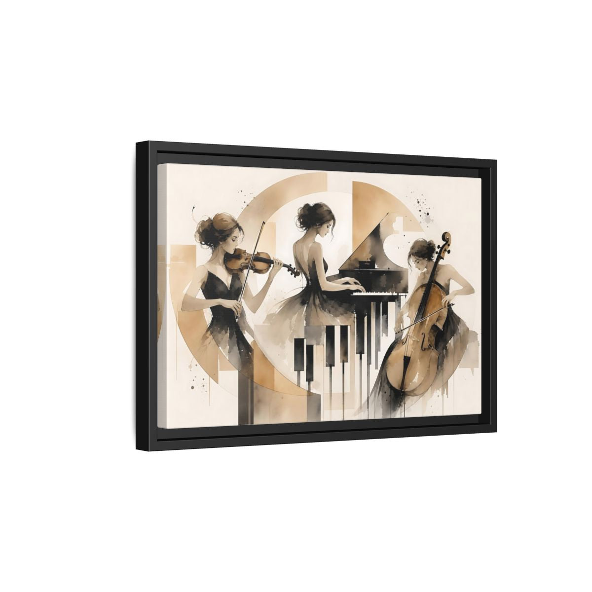 Side Mockup 6. Abstract Musicians Black And Gold shown as framed canvas print