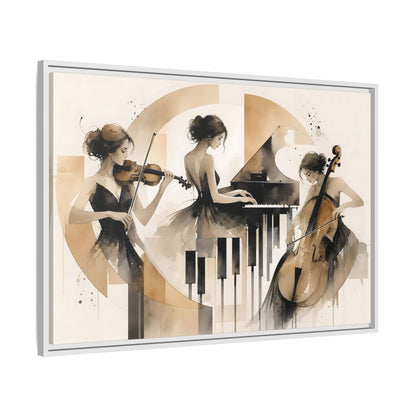 Side Mockup 9. Abstract Musicians Black And Gold shown as framed canvas print