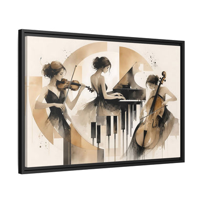 Side Mockup 14. Abstract Musicians Black And Gold shown as framed canvas print